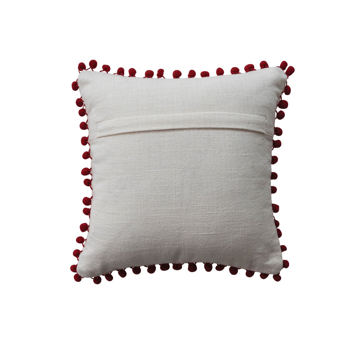 12" White & Red Cotton Slub Pillow with Tufted "Jolly" & Pom Pom Trim