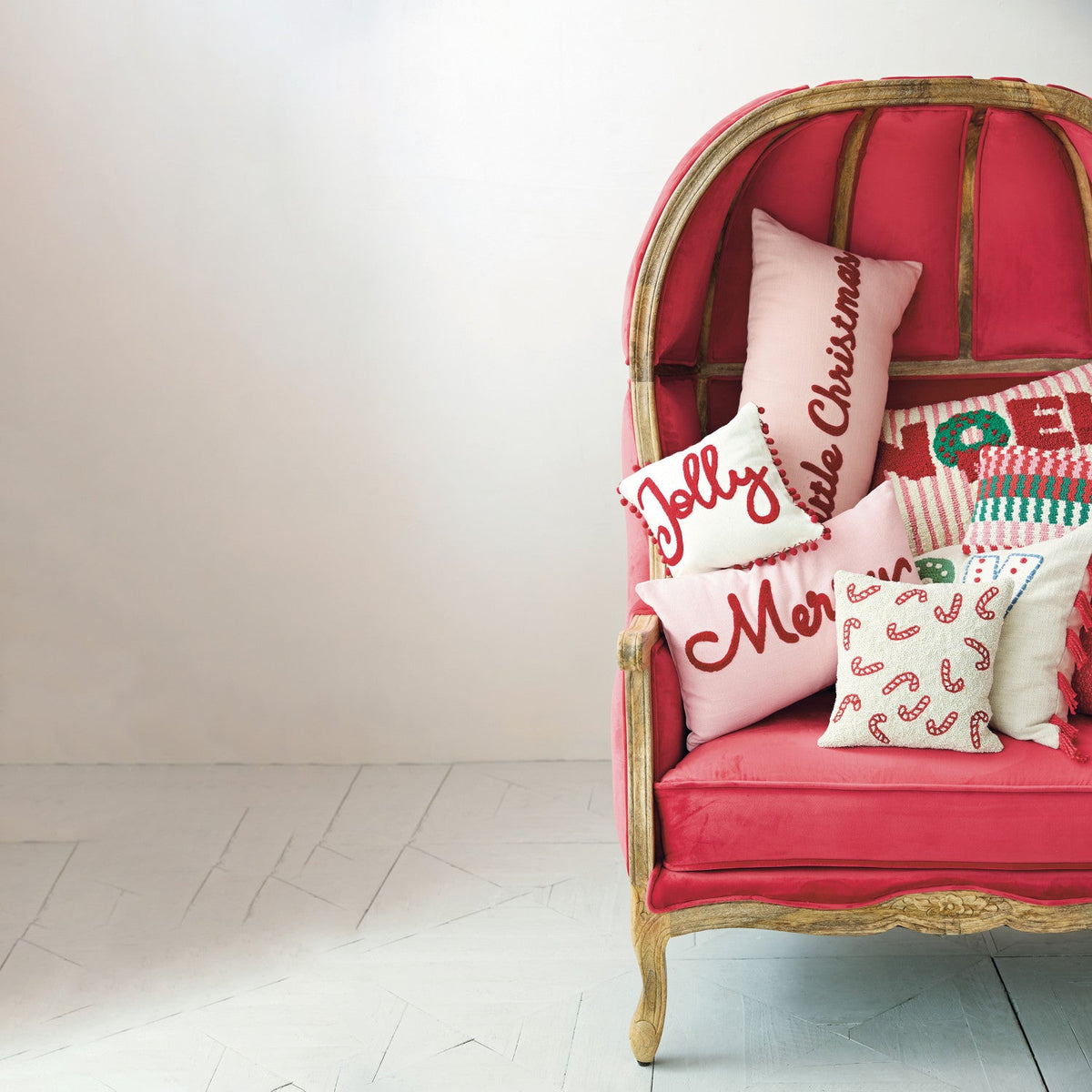 12" White & Red Cotton Slub Pillow with Tufted "Jolly" & Pom Pom Trim