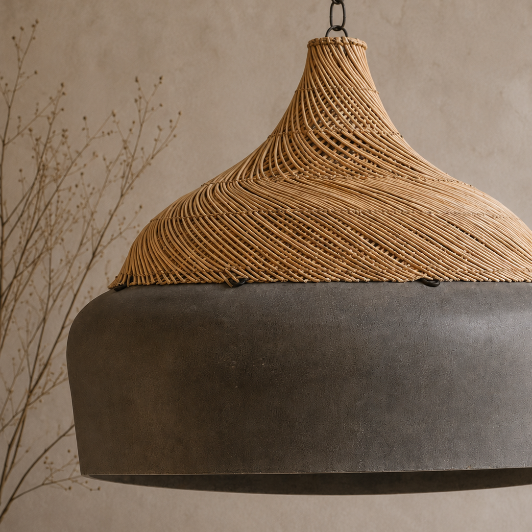 Bent Lamp | Cement Fiber & Rattan Designer Pendant Light