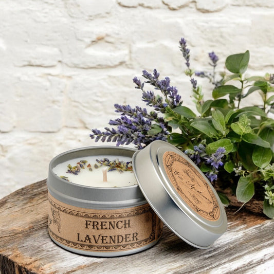 Candela botanica alla lavanda francese in barattolo da viaggio