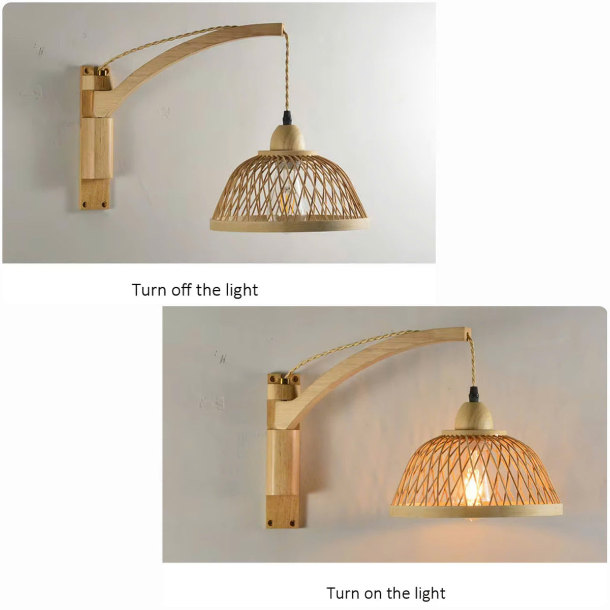 Adjustable Wooden Swing Arm Wall Lamp with Woven Bamboo Shade