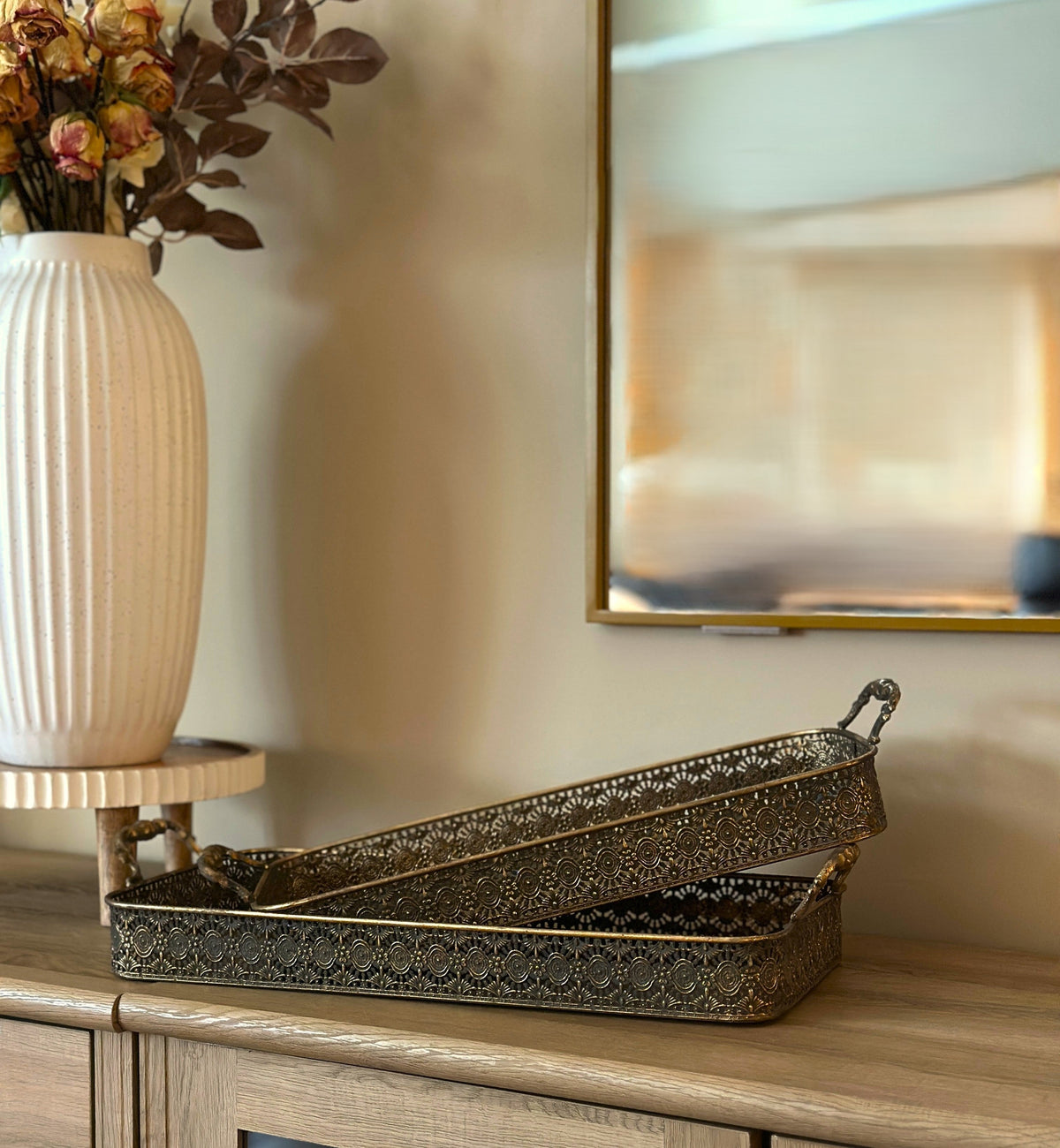 Ornate Vintage-Style Filigree Serving Tray Set of 2