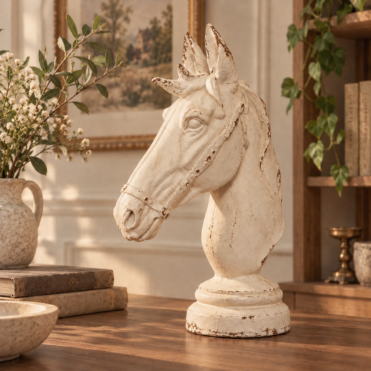 Distressed White Horse Head Bust Sculpture