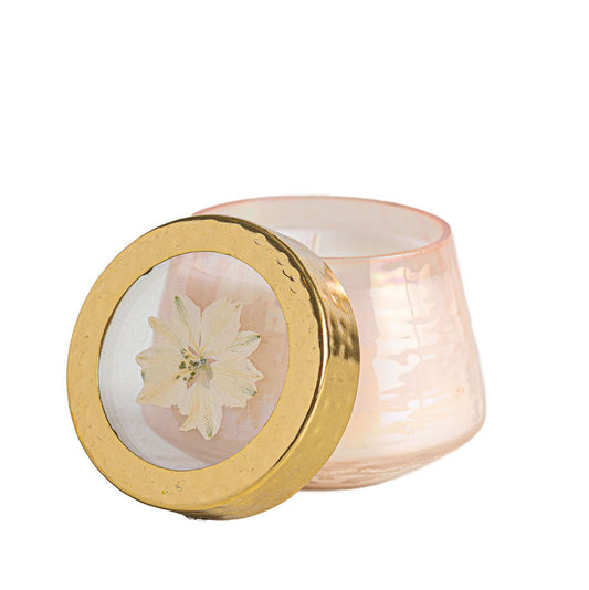 Petite bougie aquarelle aux fleurs pressées - Rose et oud
