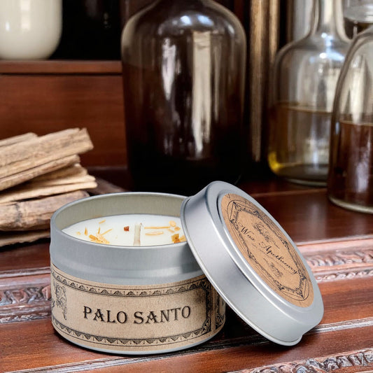 Candela botanica al Palo Santo in latta da viaggio