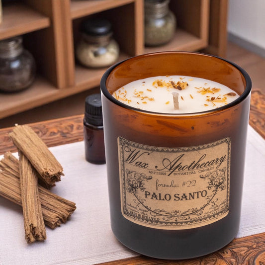 Bougie artisanale en verre ambré Palo Santo de 9 oz