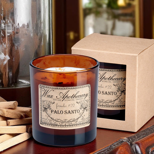 Bougie artisanale en verre ambré Palo Santo de 9 oz