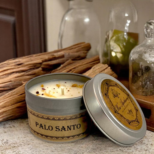 Candela botanica al Palo Santo in latta da viaggio