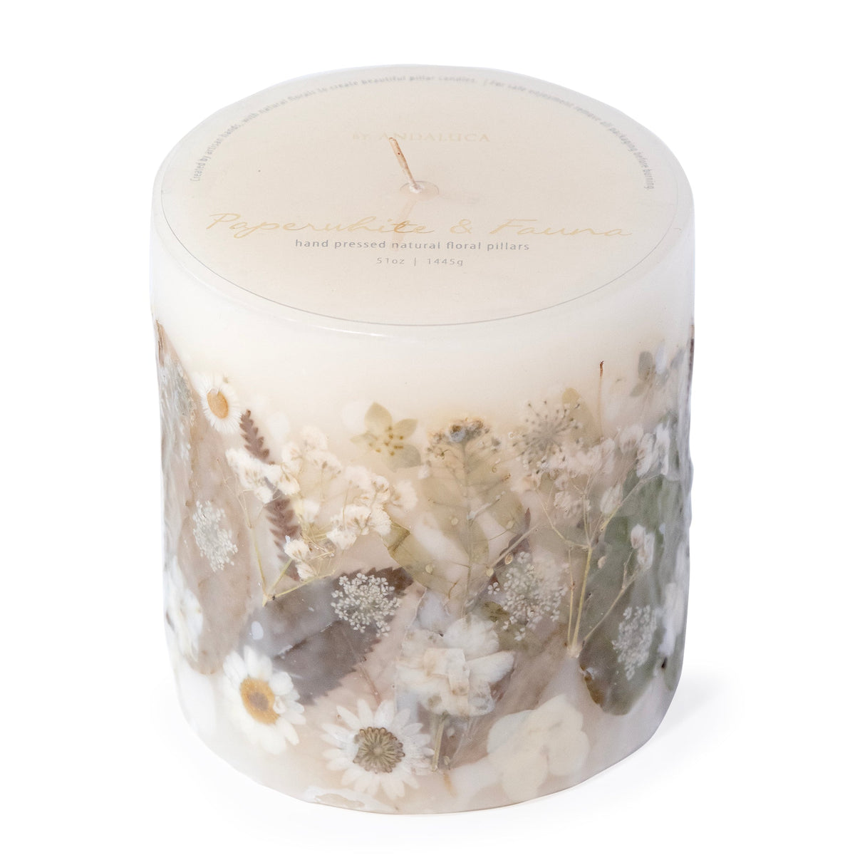Paperwhite & Fauna Pressed Flower Pillar Candle