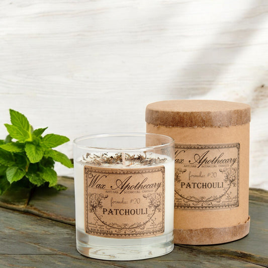 Candela botanica al patchouli da 7 oz in bicchiere tipo scotch