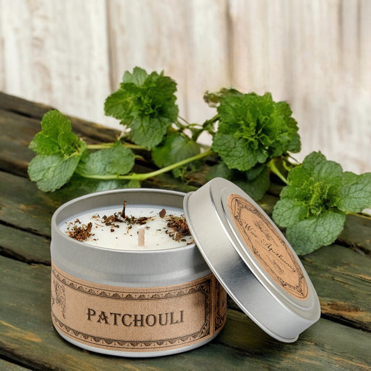 Bougie botanique au patchouli en boîte de voyage