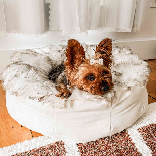 Panier pour chien PupPouf™ en fausse fourrure forme donut - Blanc avec touches de marron