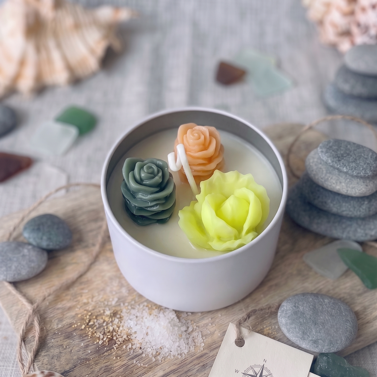 Candela a forma di cactus rosetta pesca e gialla