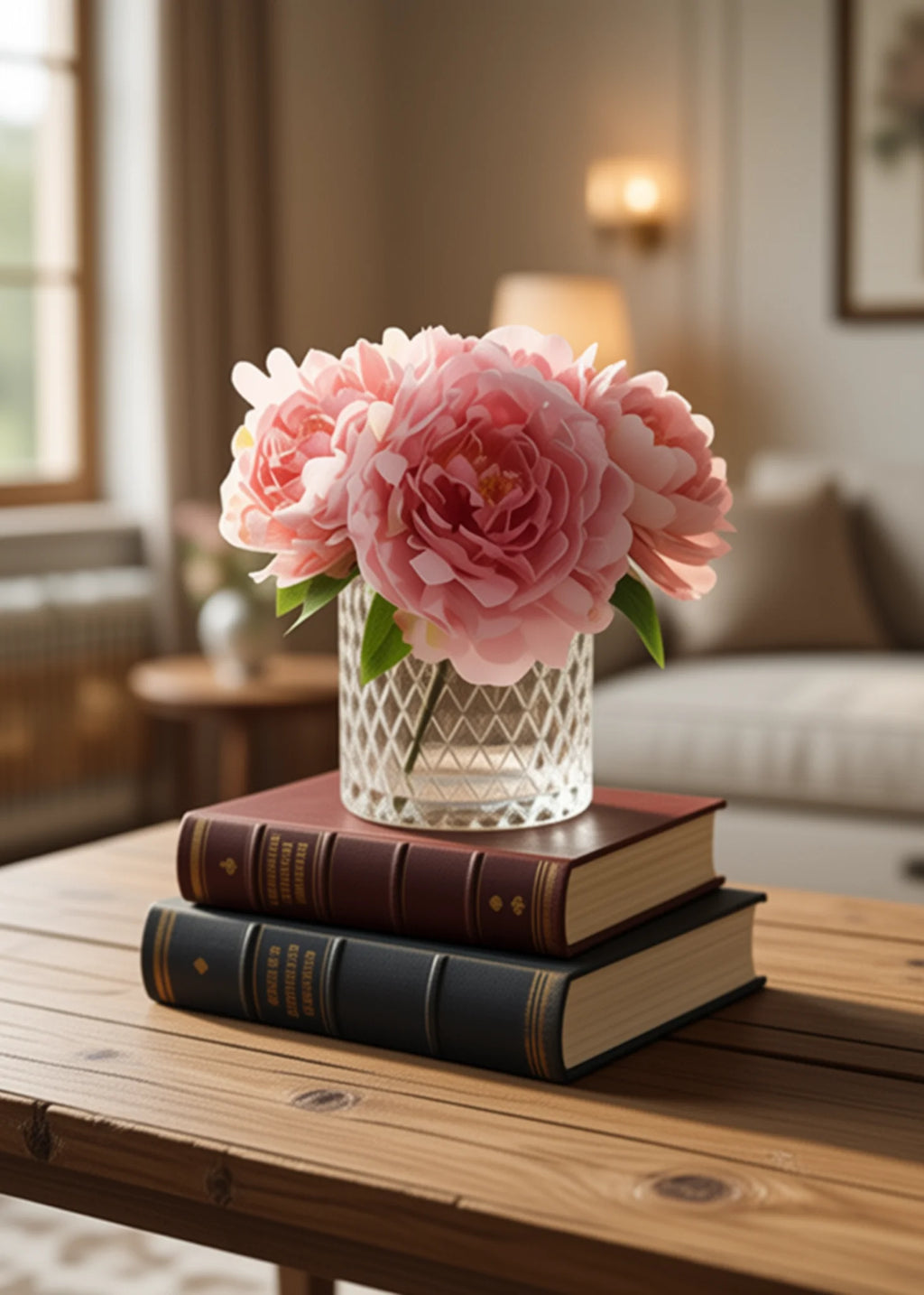 Blush & Peach Peony Floral Arrangements in Textured Glass Vases – Set of 2