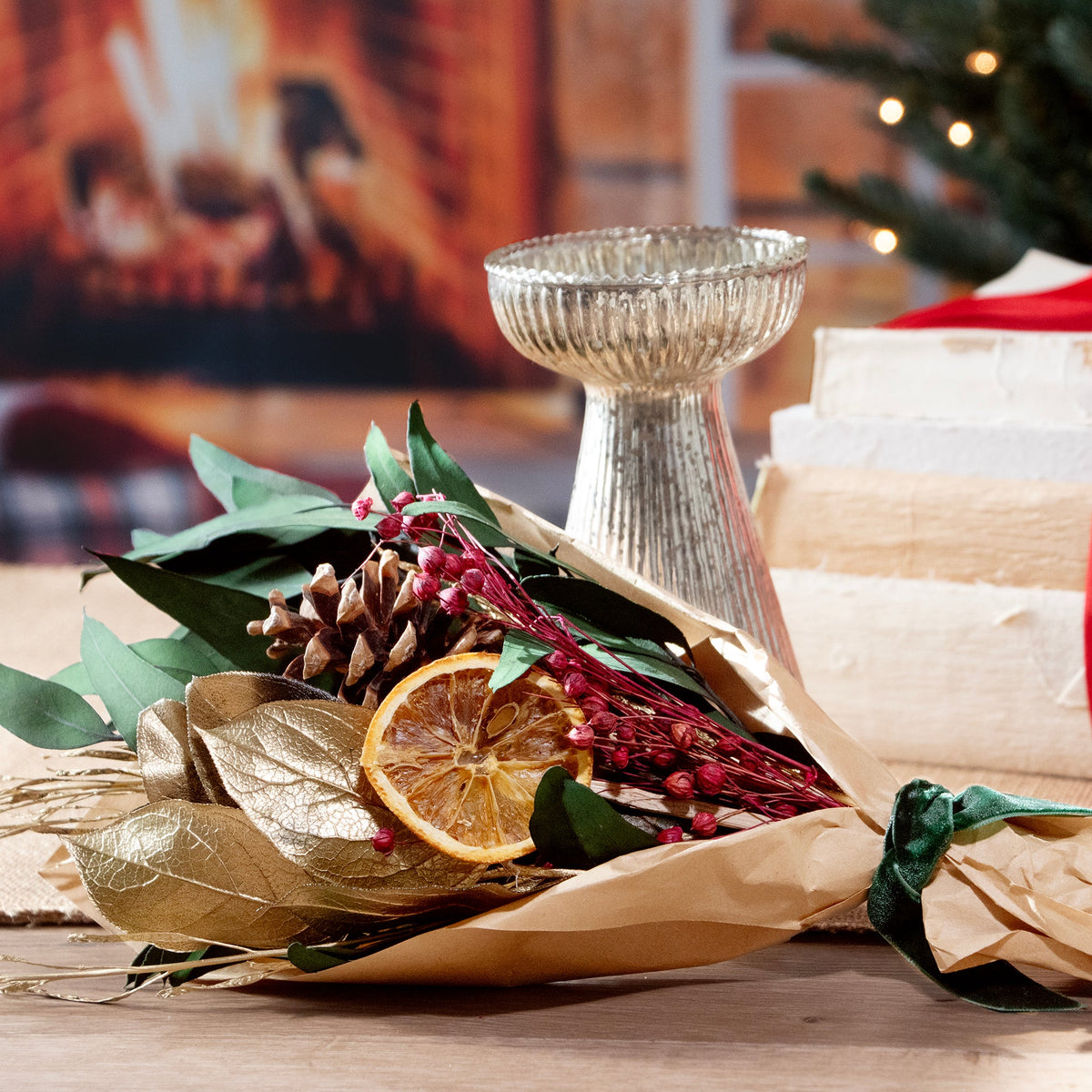 Petite Winter 12" Bouquet: Gold Leaf & Willow Eucalyptus