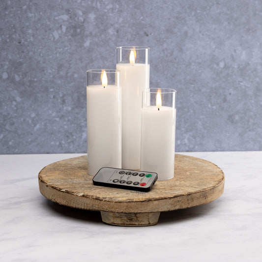White Pillar Flameless LED Glass Candle Set of 3 - With Remote and Timer