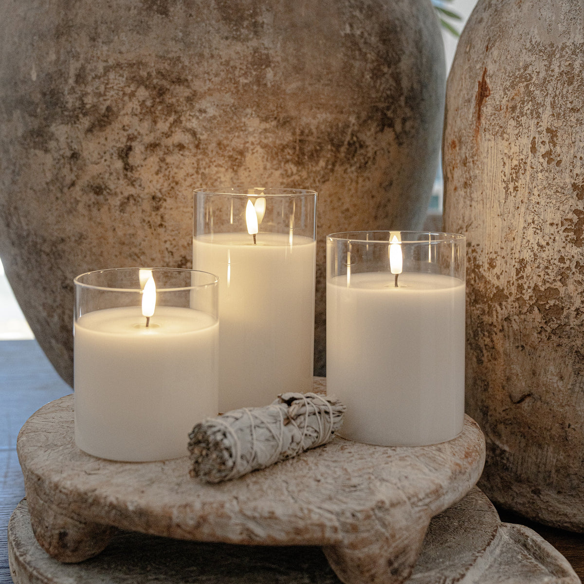 Flameless LED Hurricane Glass Candles - White  - Set of 3 with Remote and Timer