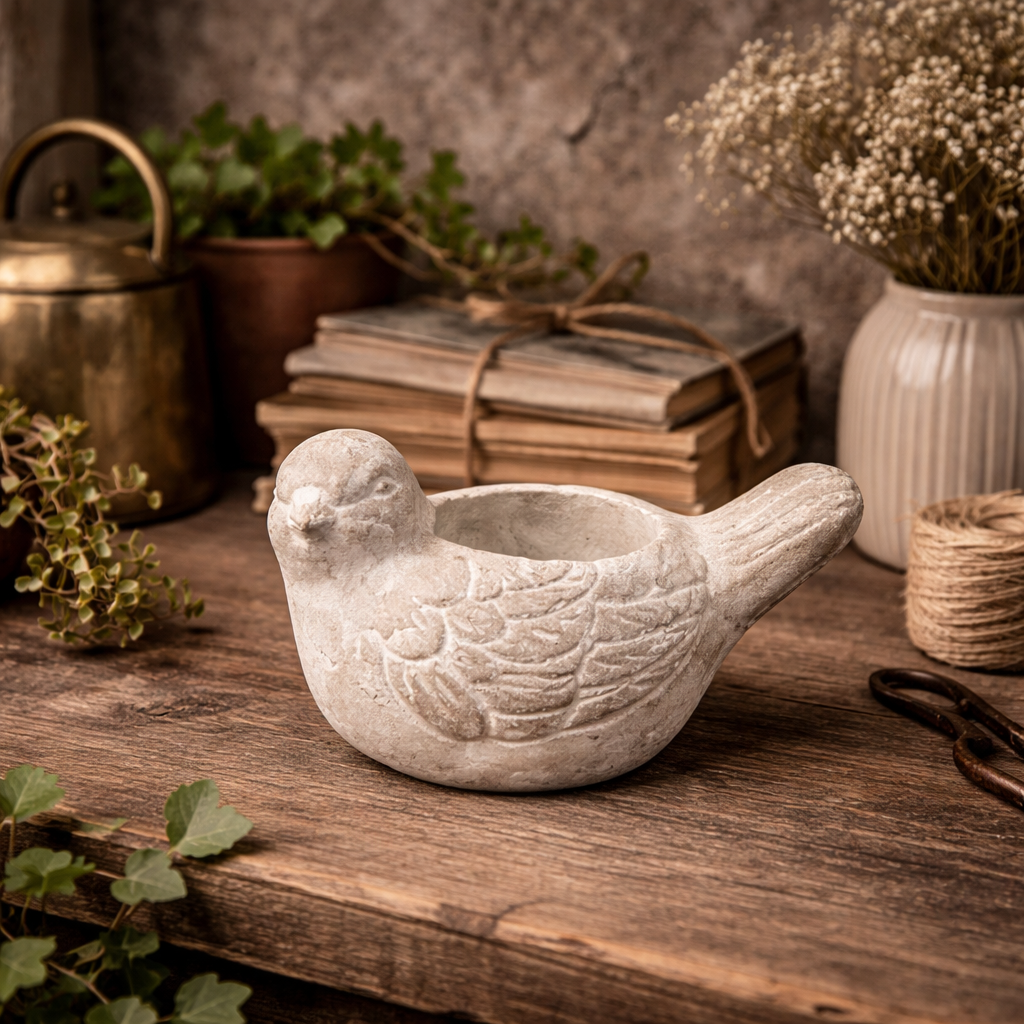 CEMENT BIRD CANDLE HOLDER