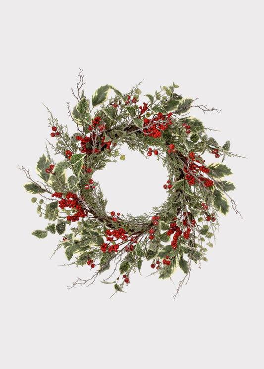Winter Frost Holly and Red Berry Holiday Wreath 24 in