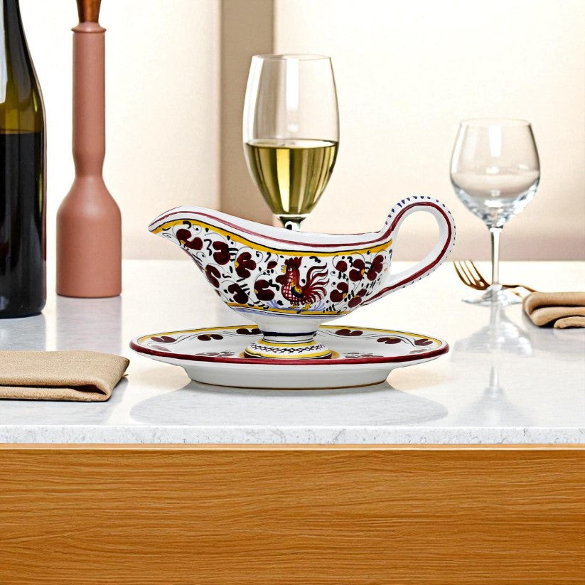 ORVIETO RED ROOSTER: Gravy Sauce Boat with Tray