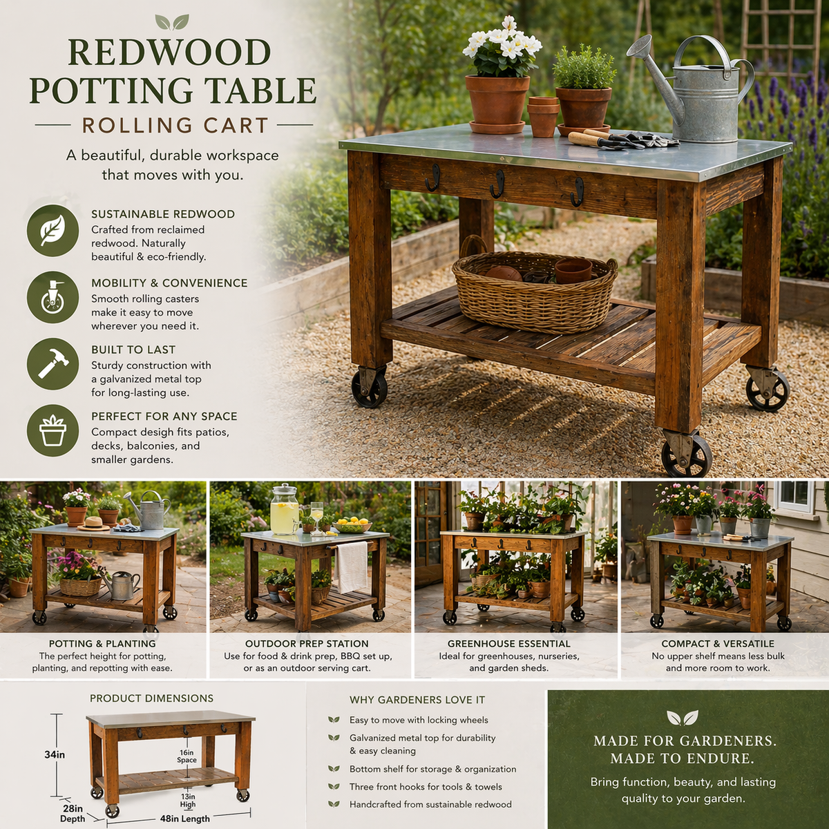 Redwood Potting Table Rolling Cart