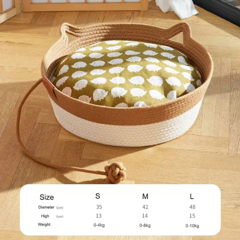 Japanese Hand-Woven Rattan Cat Basket – Summer Cooling Round Pet Bed, Cotton Rope, Optional Cushion, 3 Colors & 3 Sizes
