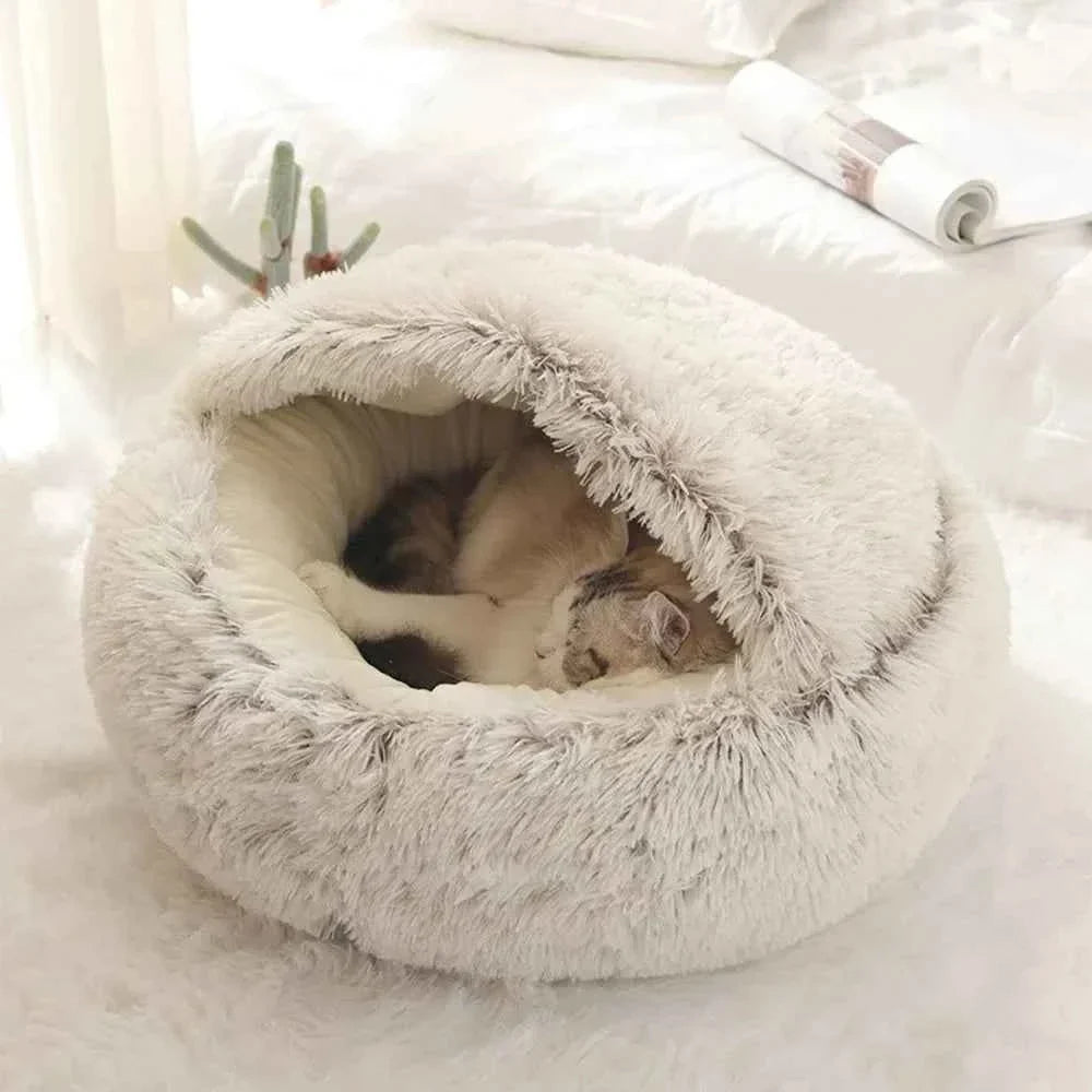 Enclosed Round Plush Cat & Dog Nest – Soft Warm Calming Sleep Bag Cave Bed, 6 Colors, 2 Sizes
