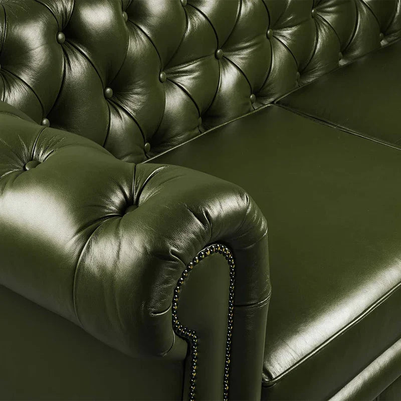 Midcentury Modern Tufted Genuine Leather Chesterfield Sofa Green
