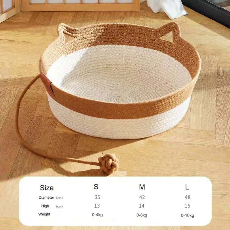 Japanese Hand-Woven Rattan Cat Basket – Summer Cooling Round Pet Bed, Cotton Rope, Optional Cushion, 3 Colors & 3 Sizes