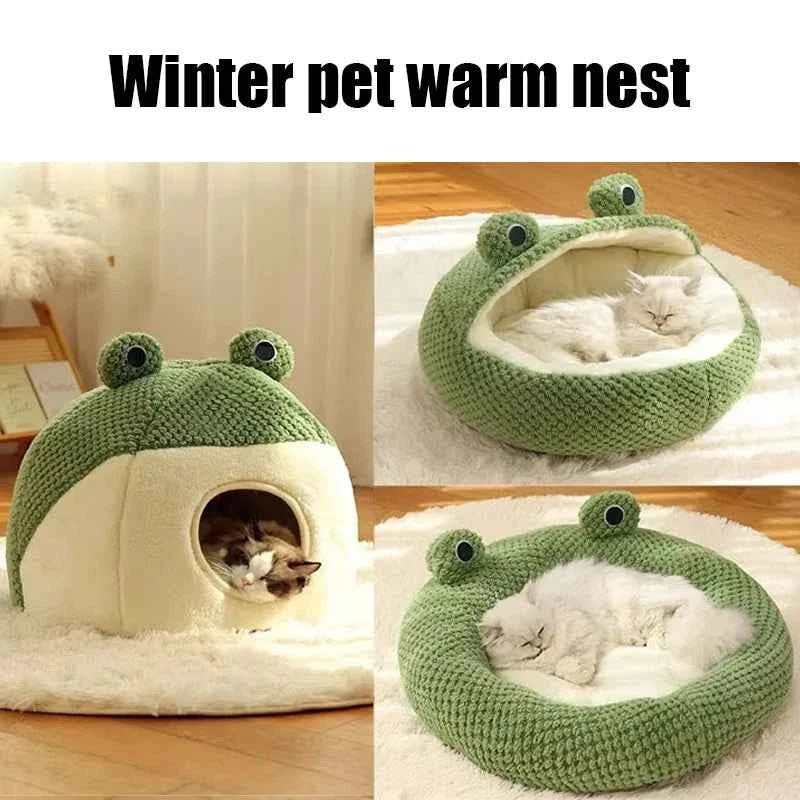 Kawaii Frog Shape Pet Nest – Winter Warm Plush Cat & Dog Villa (3 Styles, Anti-Slip, Removable Cushion)
