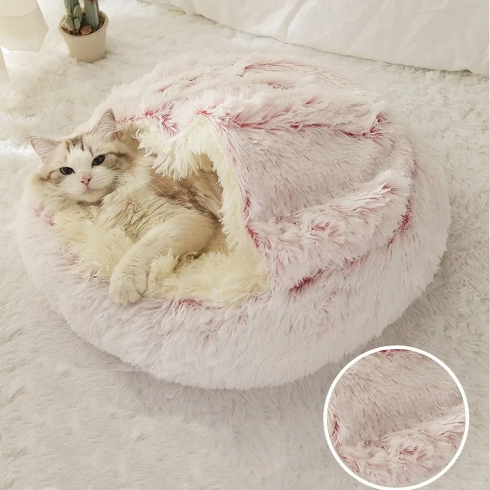 Enclosed Round Plush Cat & Dog Nest – Soft Warm Calming Sleep Bag Cave Bed, 6 Colors, 2 Sizes