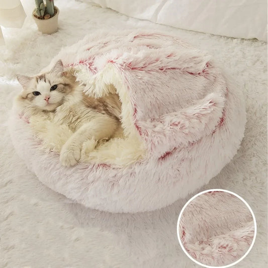 Enclosed Round Plush Cat & Dog Nest – Soft Warm Calming Sleep Bag Cave Bed, 6 Colors, 2 Sizes