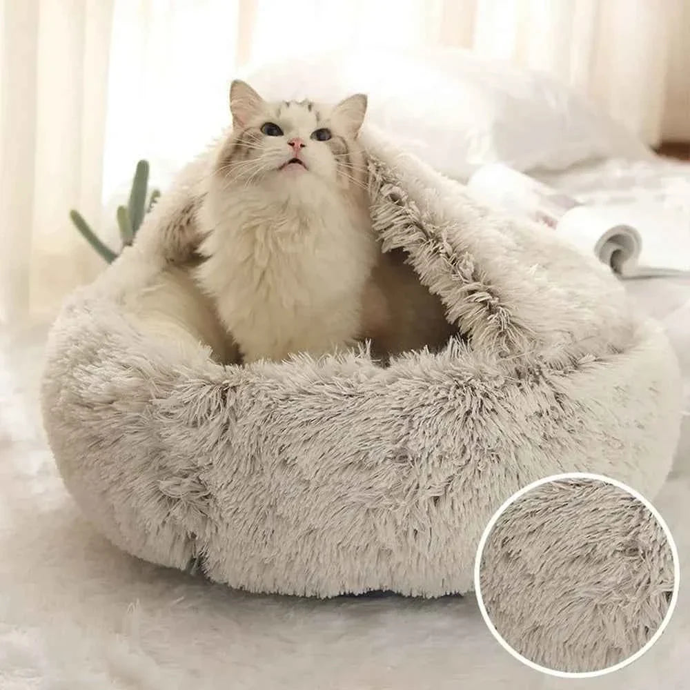 Enclosed Round Plush Cat & Dog Nest – Soft Warm Calming Sleep Bag Cave Bed, 6 Colors, 2 Sizes