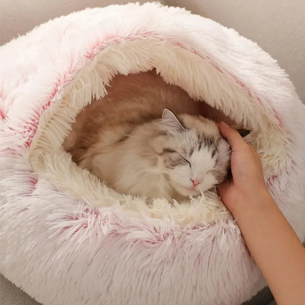 Enclosed Round Plush Cat & Dog Nest – Soft Warm Calming Sleep Bag Cave Bed, 6 Colors, 2 Sizes