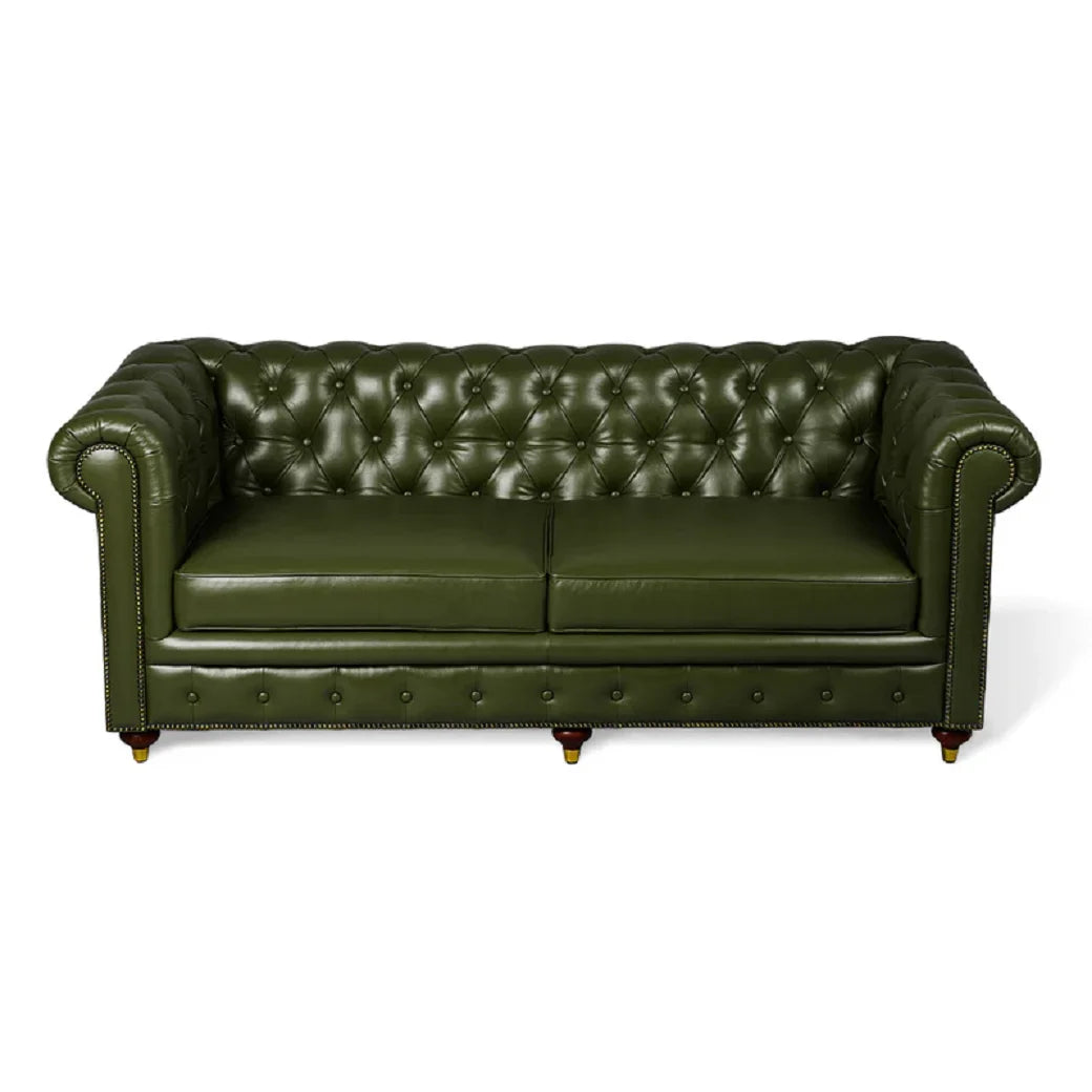 Midcentury Modern Tufted Genuine Leather Chesterfield Sofa Green