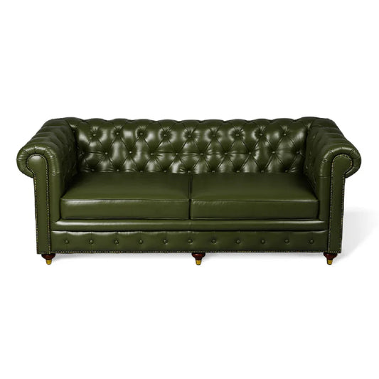 Midcentury Modern Tufted Genuine Leather Chesterfield Sofa Green