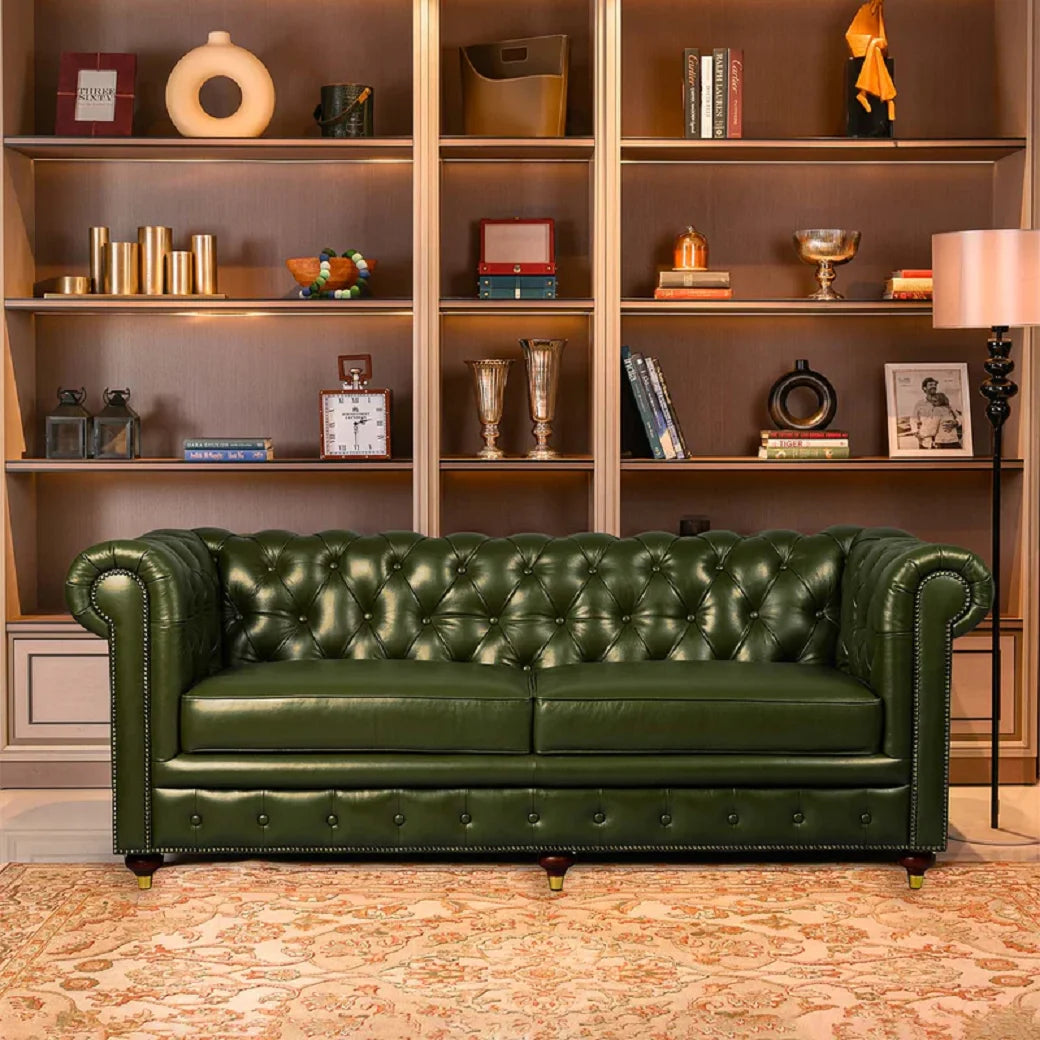 Midcentury Modern Tufted Genuine Leather Chesterfield Sofa Green