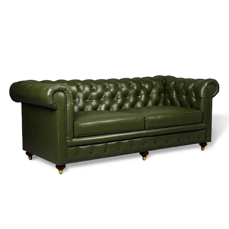 Midcentury Modern Tufted Genuine Leather Chesterfield Sofa Green