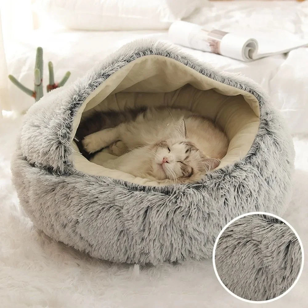 Enclosed Round Plush Cat & Dog Nest – Soft Warm Calming Sleep Bag Cave Bed, 6 Colors, 2 Sizes
