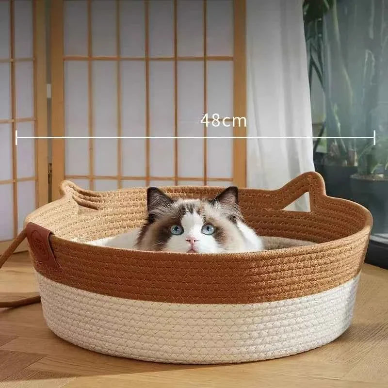 Japanese Hand-Woven Rattan Cat Basket – Summer Cooling Round Pet Bed, Cotton Rope, Optional Cushion, 3 Colors & 3 Sizes