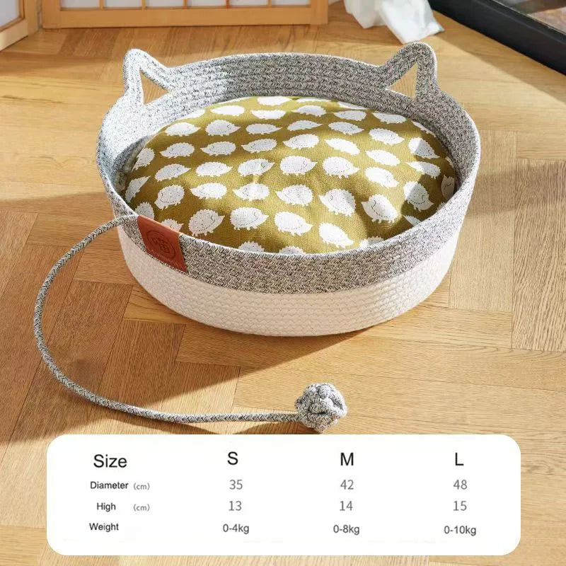 Japanese Hand-Woven Rattan Cat Basket – Summer Cooling Round Pet Bed, Cotton Rope, Optional Cushion, 3 Colors & 3 Sizes