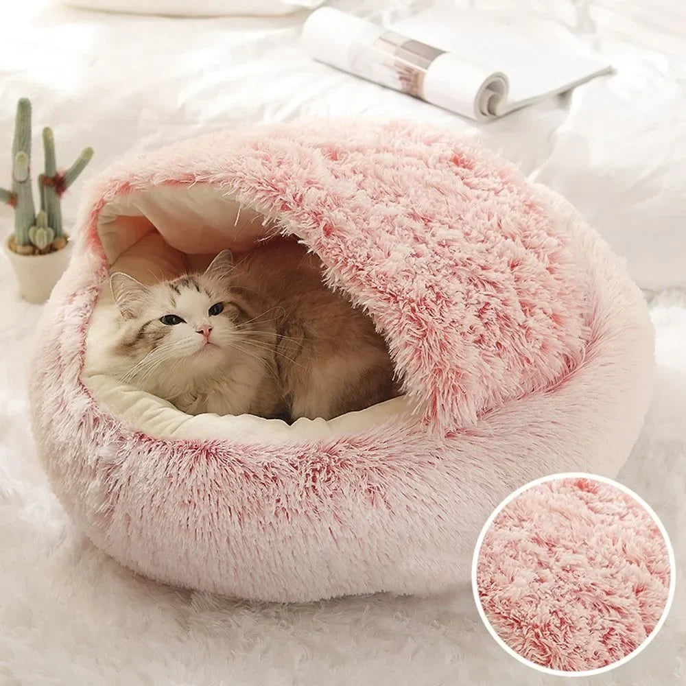 Enclosed Round Plush Cat & Dog Nest – Soft Warm Calming Sleep Bag Cave Bed, 6 Colors, 2 Sizes