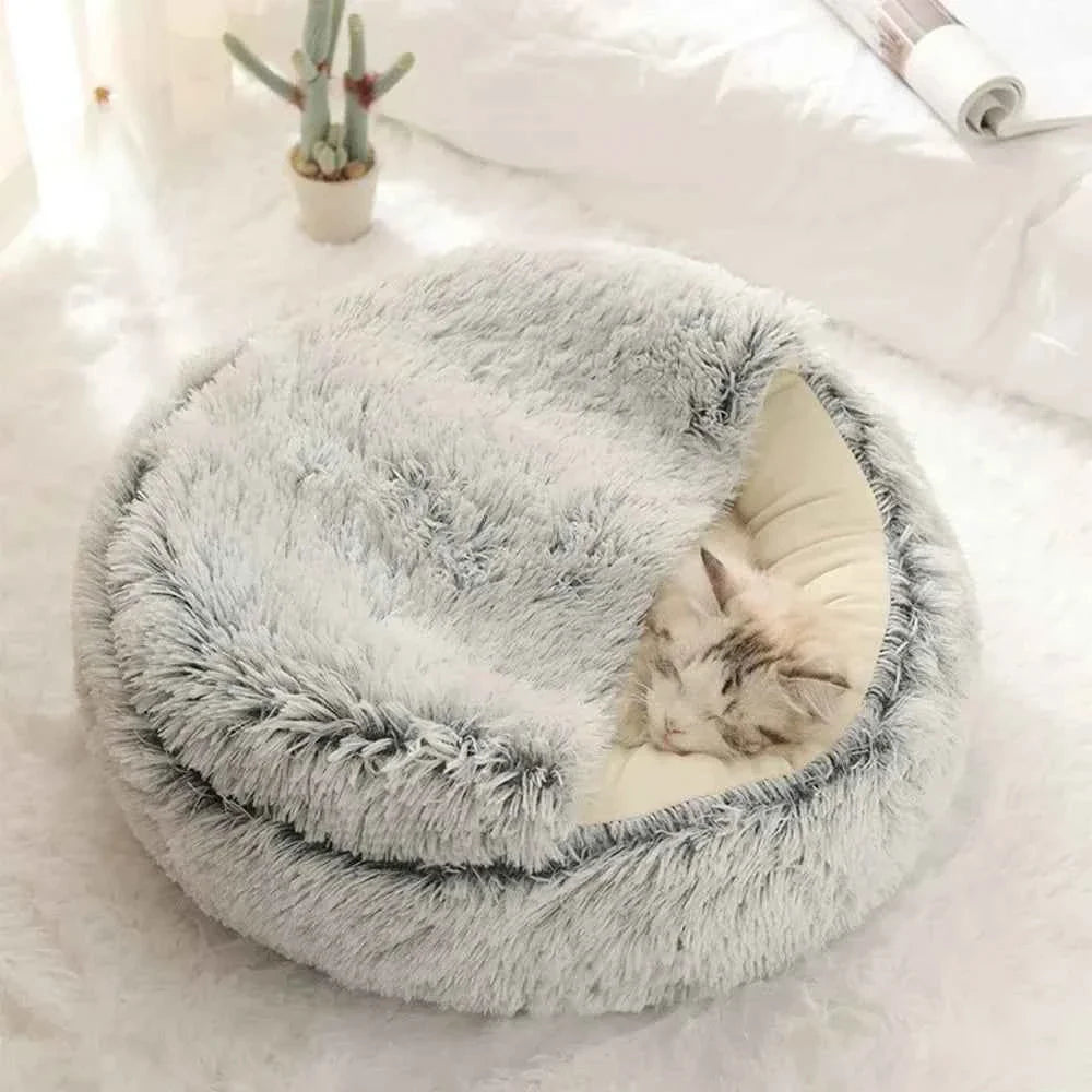 Enclosed Round Plush Cat & Dog Nest – Soft Warm Calming Sleep Bag Cave Bed, 6 Colors, 2 Sizes