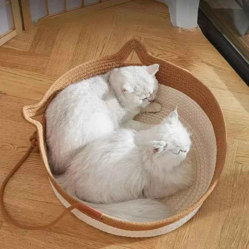 Japanese Hand-Woven Rattan Cat Basket – Summer Cooling Round Pet Bed, Cotton Rope, Optional Cushion, 3 Colors & 3 Sizes