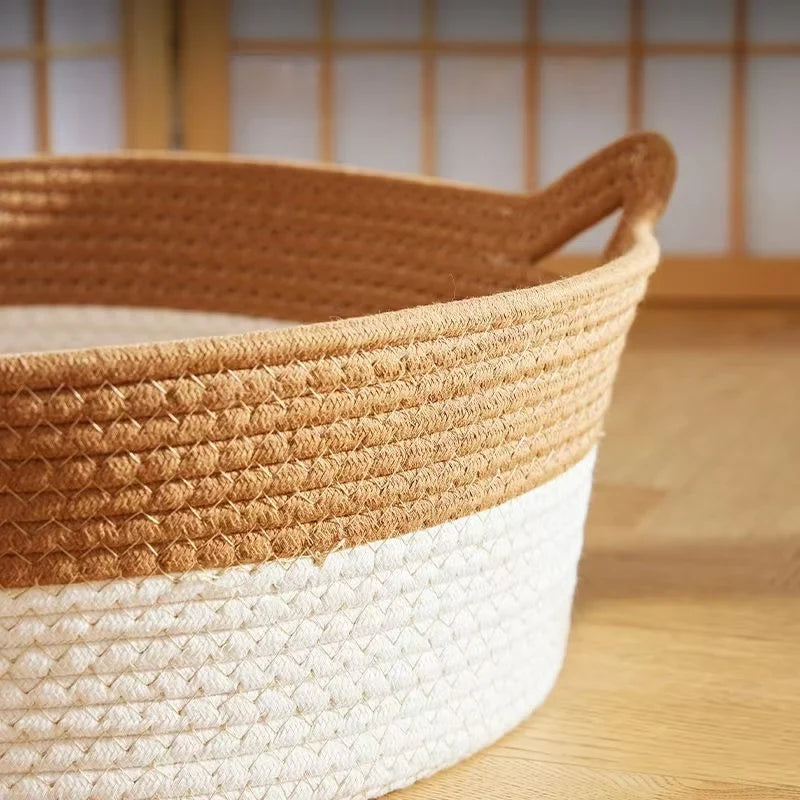 Japanese Hand-Woven Rattan Cat Basket – Summer Cooling Round Pet Bed, Cotton Rope, Optional Cushion, 3 Colors & 3 Sizes