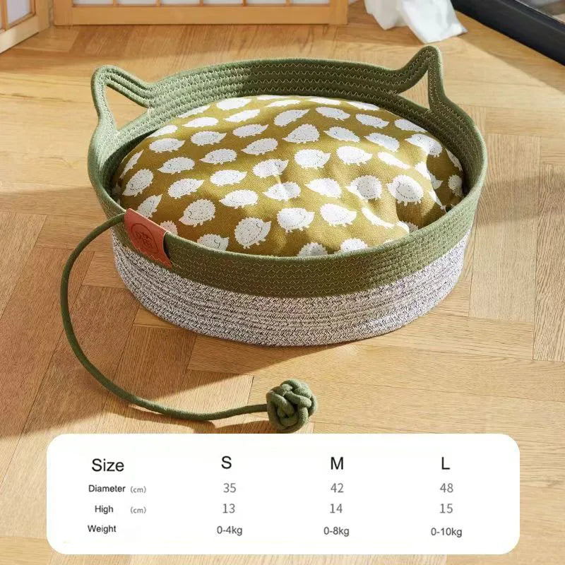 Japanese Hand-Woven Rattan Cat Basket – Summer Cooling Round Pet Bed, Cotton Rope, Optional Cushion, 3 Colors & 3 Sizes
