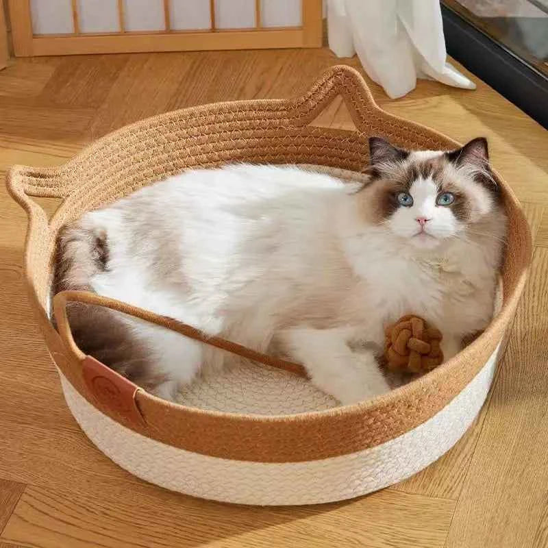 Japanese Hand-Woven Rattan Cat Basket – Summer Cooling Round Pet Bed, Cotton Rope, Optional Cushion, 3 Colors & 3 Sizes