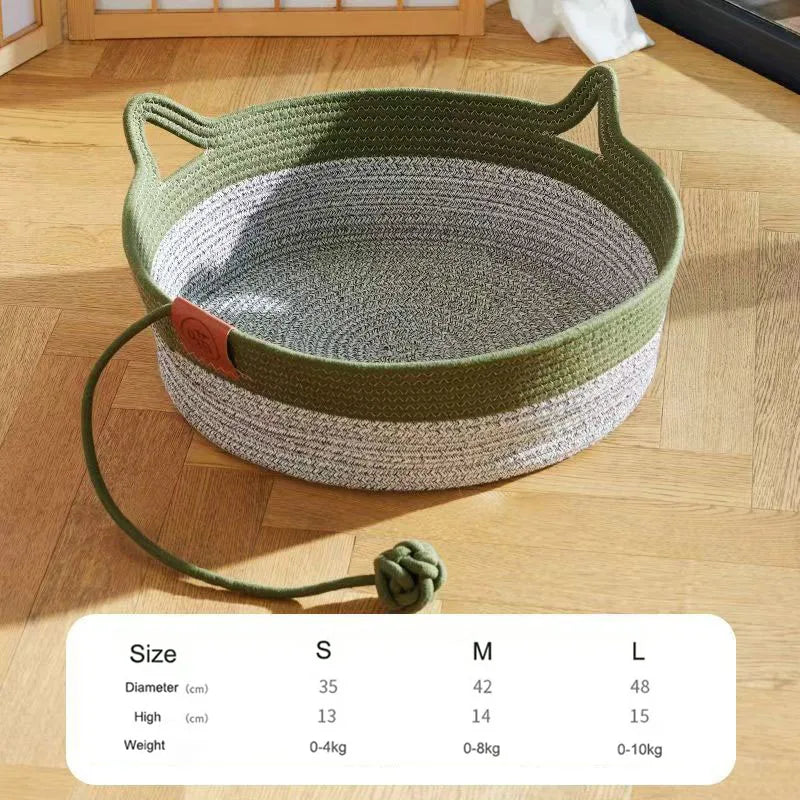 Japanese Hand-Woven Rattan Cat Basket – Summer Cooling Round Pet Bed, Cotton Rope, Optional Cushion, 3 Colors & 3 Sizes