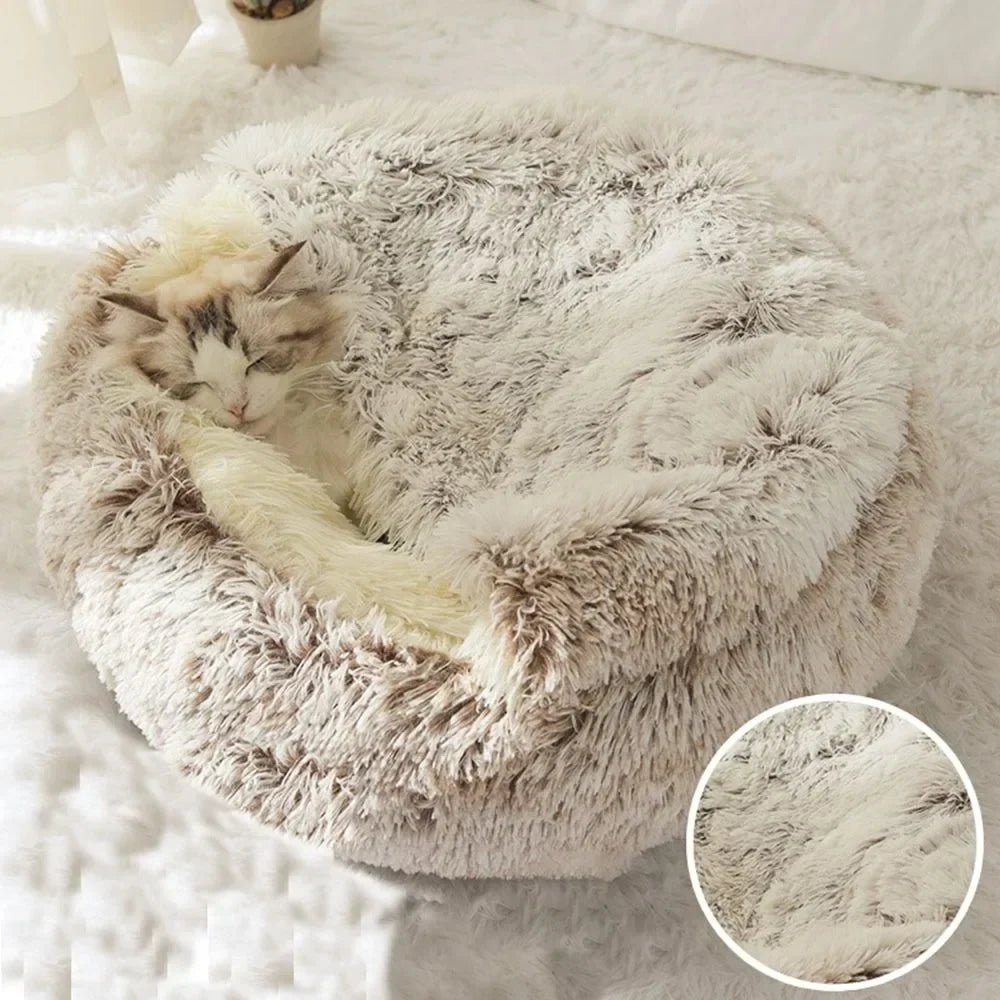 Enclosed Round Plush Cat & Dog Nest – Soft Warm Calming Sleep Bag Cave Bed, 6 Colors, 2 Sizes