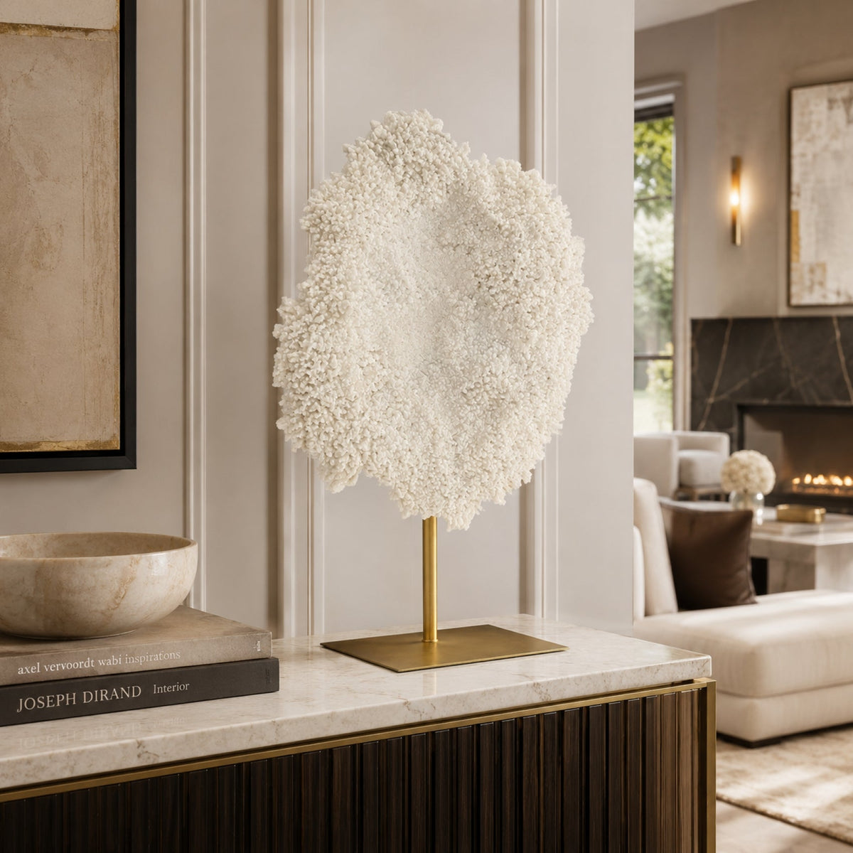 White Coral Sculpture Gold Base 30 in